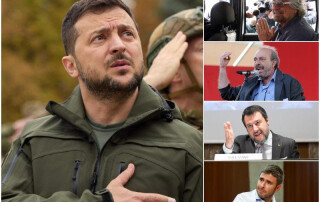 in foto Zelensky, Salvini, Di Battista, Vauro e Grillo